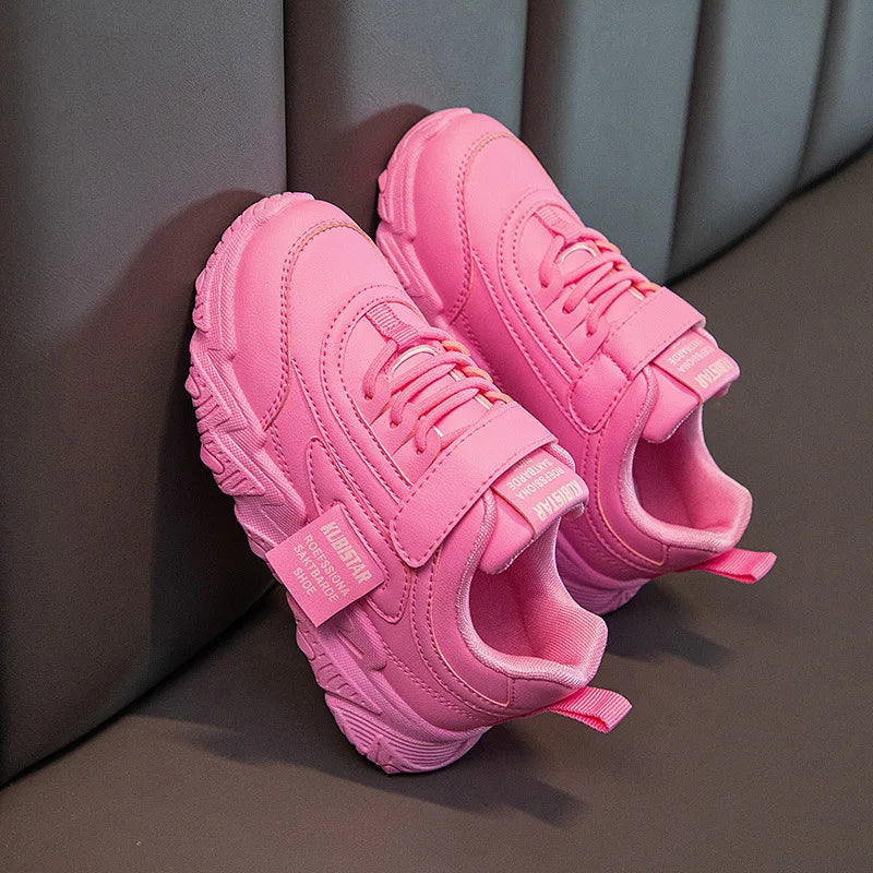 Spring New Kids Sneakers 2023 PU Girls Casual Mesh Solid Pink Light Boys White Hook & Loop Children Non-slip Sports Shoe Fashion