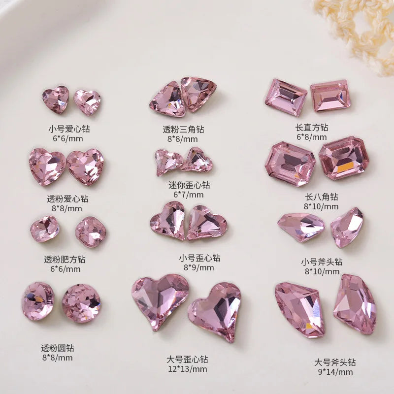 10pcs Pink Mixed Shape Heart Nail Rhinestones Point Bottom Gems Nails Crystal Parts UV Gel Polish Decoration Nail Accessories