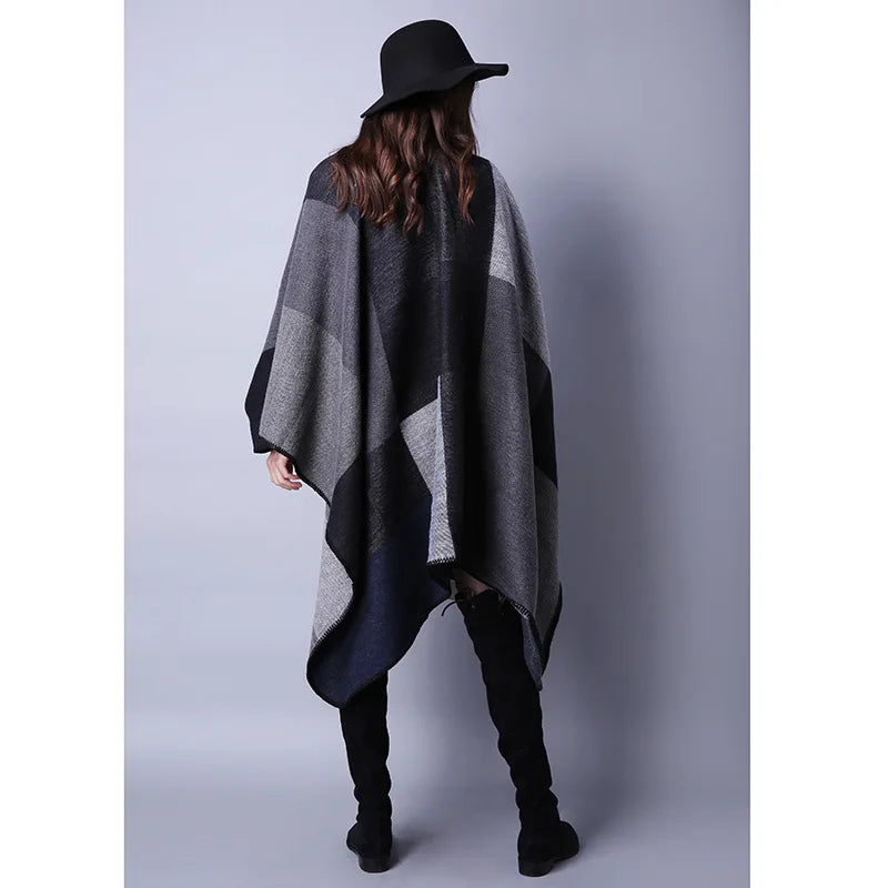 Thicken Winter Shawl Wraps Cape Women Fall Ponchos Plus Size Block Plaid Open Front Sweater Fleece Scarf Coat Holiday Outfits