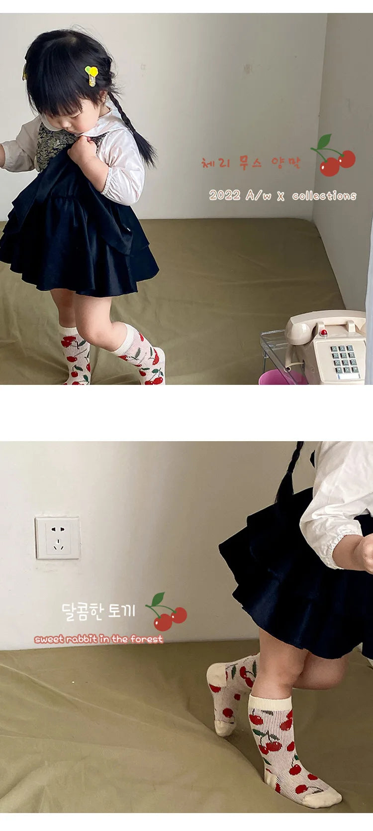 Girls Socks Spring Cotton Socks Cute Cherry Flower Socks Kids Calf Length Double Woven Cotton Socks
