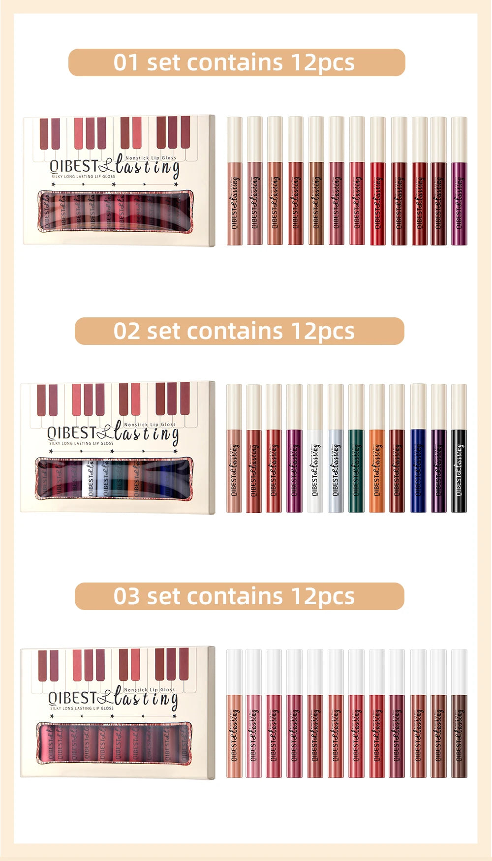 QIBEST 12pcs/set Waterproof Lip Gloss Long Lasting Velvet Nude Red Matte Liquid Lipstick Tint Makeup Cosmetic Lipsticks Lipgloss
