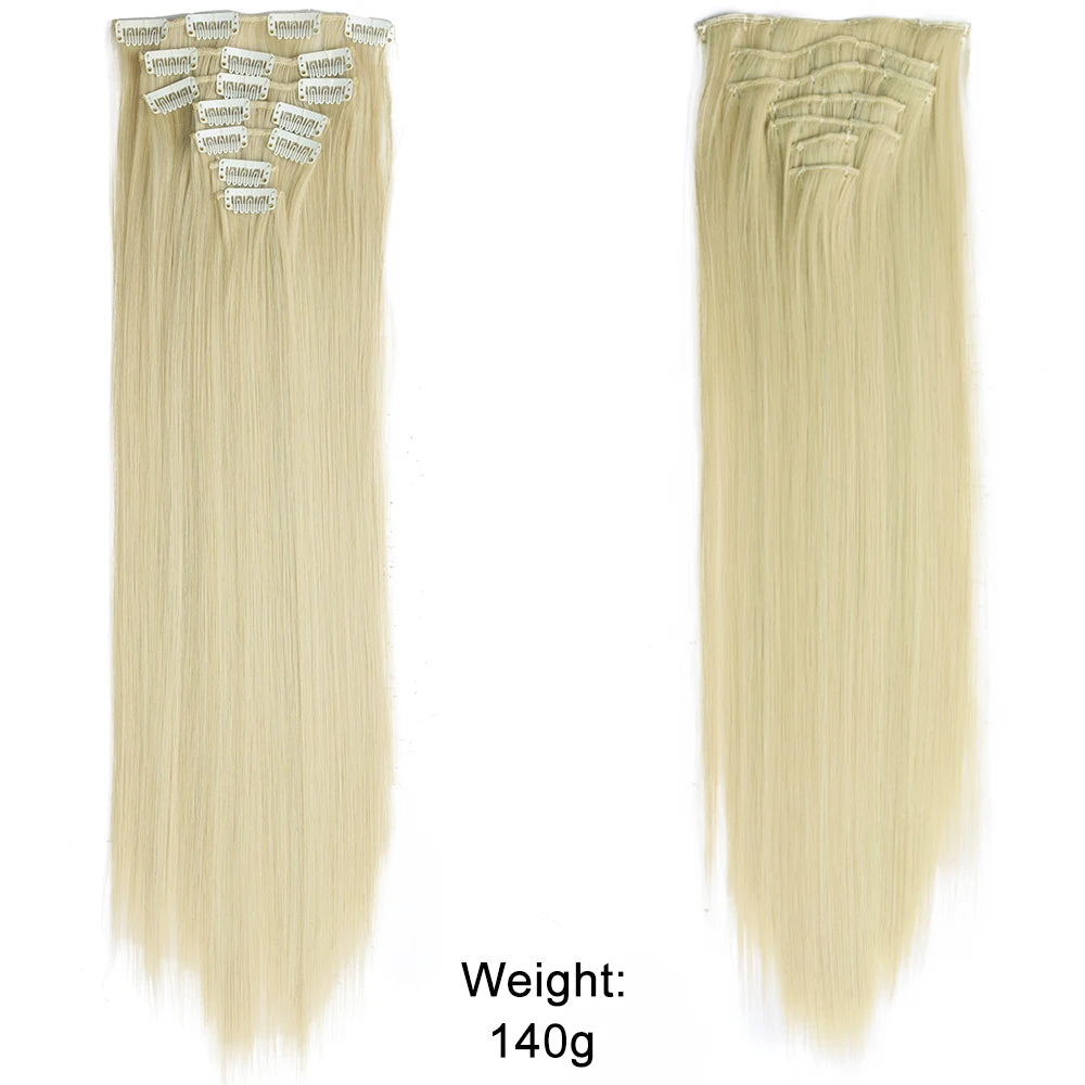 Long Straight Hairstyle 16 Clips 7Pcs/Set Hair Extensions Natural Synthetic Blonde Black Hairpieces Heat Resistant For Women