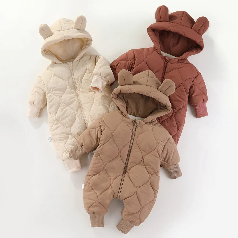 Baby jumpsuit Winter new plush and thick cotton clothes Newborn crawling clothes Baby and children's hooded outdoor clothes