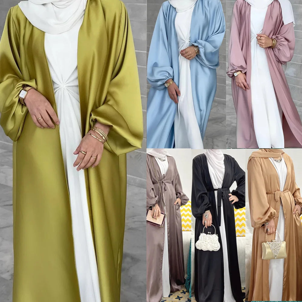 Ramadan Eid Fashion Silky Satin Muslim Abayas Robe Musulmane Abaya Cardigan Muslim Arab Worship Service Clothing Wy836