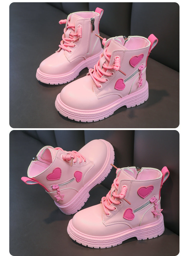 Girls Boots Kids Fashion Rubber Boots Cool Girl Autumn and Winter Cotton Soft Sole Pink with Love Side Zip Princess Round-toe PU