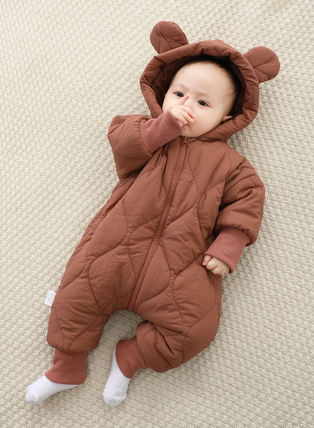 Baby jumpsuit Winter new plush and thick cotton clothes Newborn crawling clothes Baby and children's hooded outdoor clothes