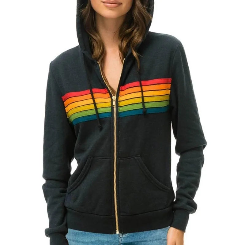Donsignet Women Hoodies Coat 2021 New Casual Rainbow Hooded Sweatshirts Fashion Zip-up Striped Cardigan Men Hoodies