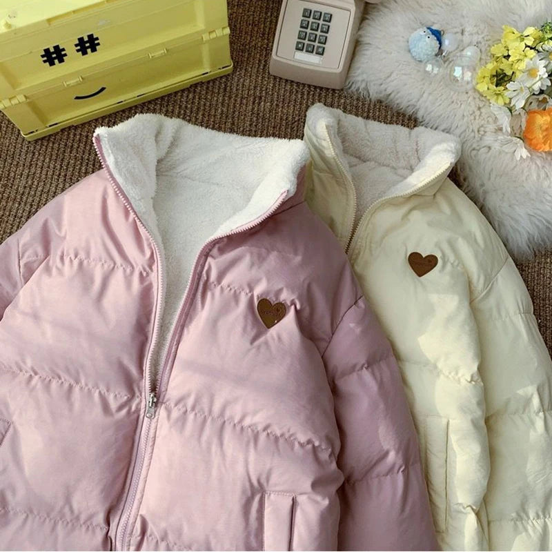 JMPRS Cute Embroidery Women Parkas Coat Winter Thick Hairy Korean Loose Warm Jacket Double Sided Design Pink Student Clothes