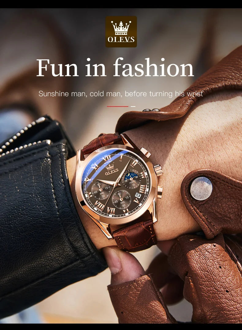 OLEVS Brand Men's Watches Chronograph Waterproof Calendar Quartz Male Watch Sports Leather strap Stainless steel Luxury Original
