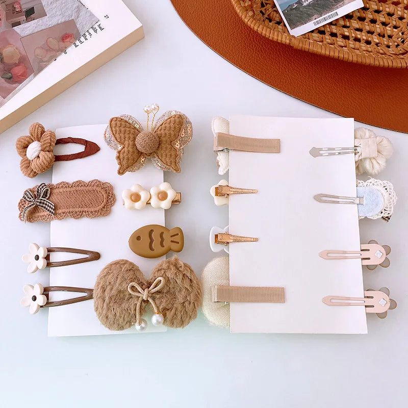 8pcs/set Sweet Girl Hair Clip Cartoon Bear Floral Bowknot Hair Pin for Toddler Girl Lovely Beige Coffee Color Kids Girl Headwear