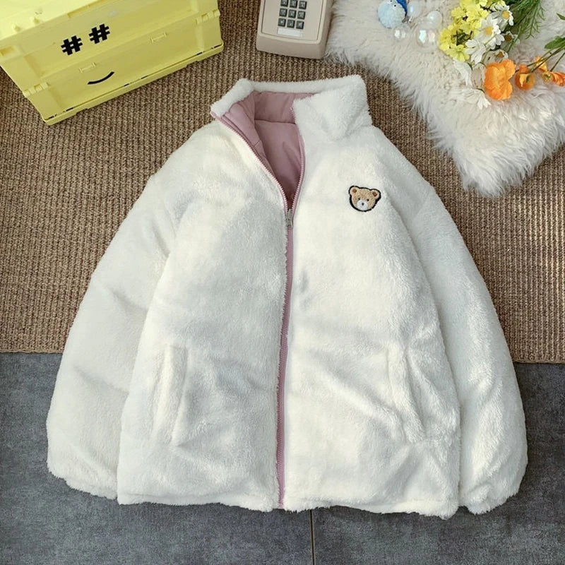 JMPRS Cute Embroidery Women Parkas Coat Winter Thick Hairy Korean Loose Warm Jacket Double Sided Design Pink Student Clothes