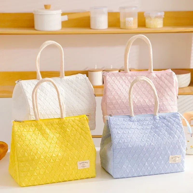 Solid Colour Women Waterproof Tote Bag Insulation Food Bag for Office Lunch Box Bag New Fashionable Simple Large Capacity