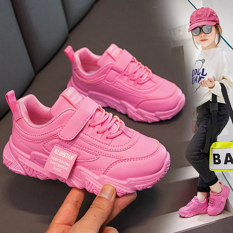 Spring New Kids Sneakers 2023 PU Girls Casual Mesh Solid Pink Light Boys White Hook & Loop Children Non-slip Sports Shoe Fashion