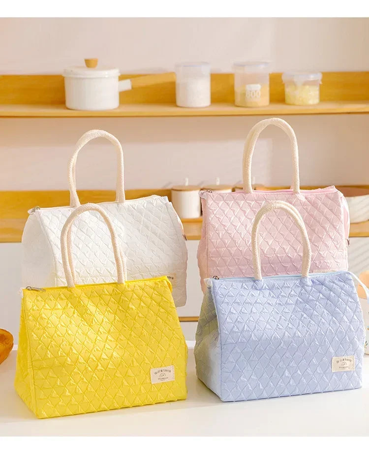 Solid Colour Women Waterproof Tote Bag Insulation Food Bag for Office Lunch Box Bag New Fashionable Simple Large Capacity