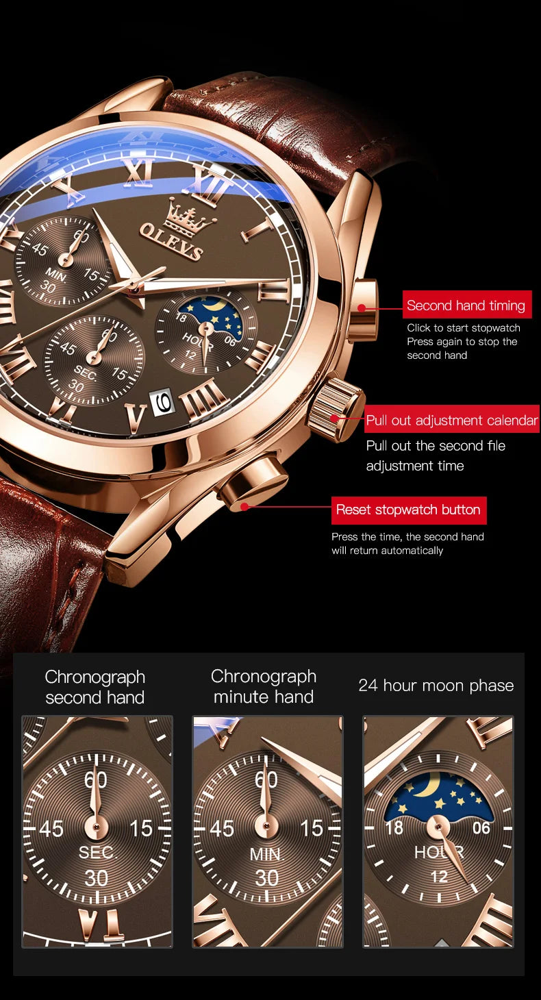 OLEVS Brand Men's Watches Chronograph Waterproof Calendar Quartz Male Watch Sports Leather strap Stainless steel Luxury Original