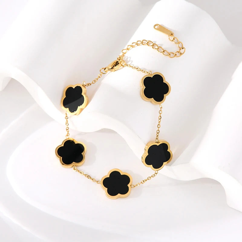 GANEMLY 316L Stainless Steel Black Five Leaf Clover Bracelets For Women New Trendy Waterproof Wrist Chain Jewelry Girls Gift