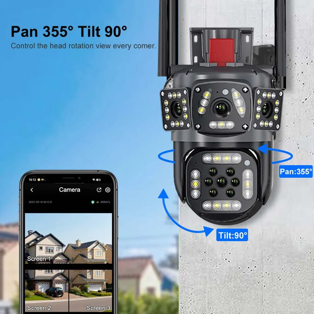 6K 12MP WiFi Surveillance Camera Outdoor Three Lens Three Screen CCTV Waterproof PTZ Mini Street Camera 360° Security Camera