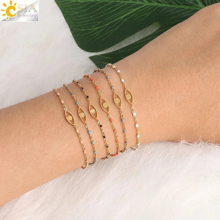 CSJA Fashion Thin Chain Stainless Steel Bracelet for Women Gold Color Cross Charm Enamel Bracelets Summer Jewelry Gift T100