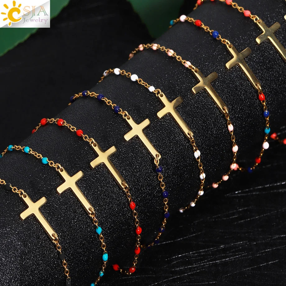 CSJA Fashion Thin Chain Stainless Steel Bracelet for Women Gold Color Cross Charm Enamel Bracelets Summer Jewelry Gift T100