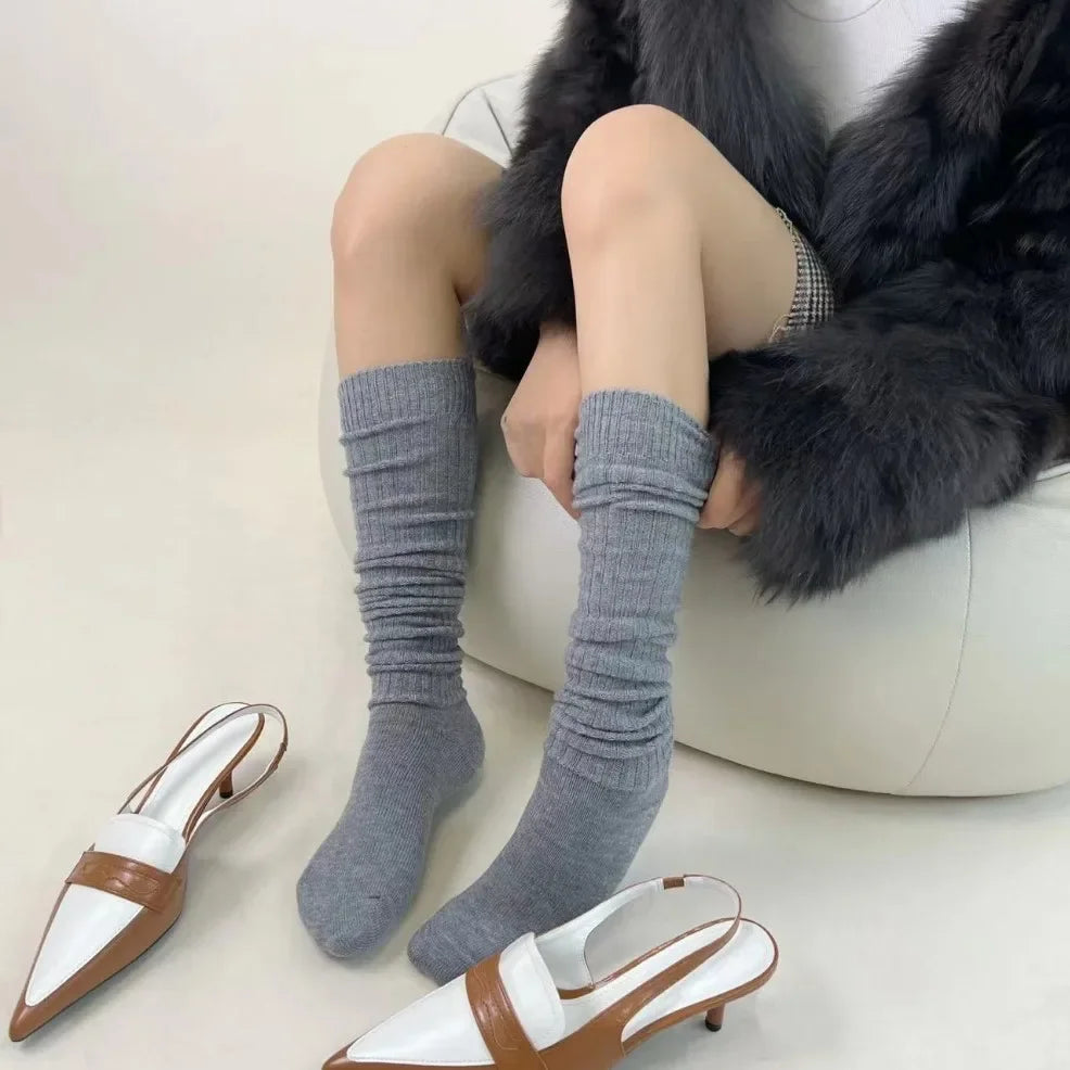 Soft Wool Long Socks Women Autumn Winter Cashmere Solid Knitted Stocking Skinny Casual Knee High Fluffy Warm Thicken Girls Socks