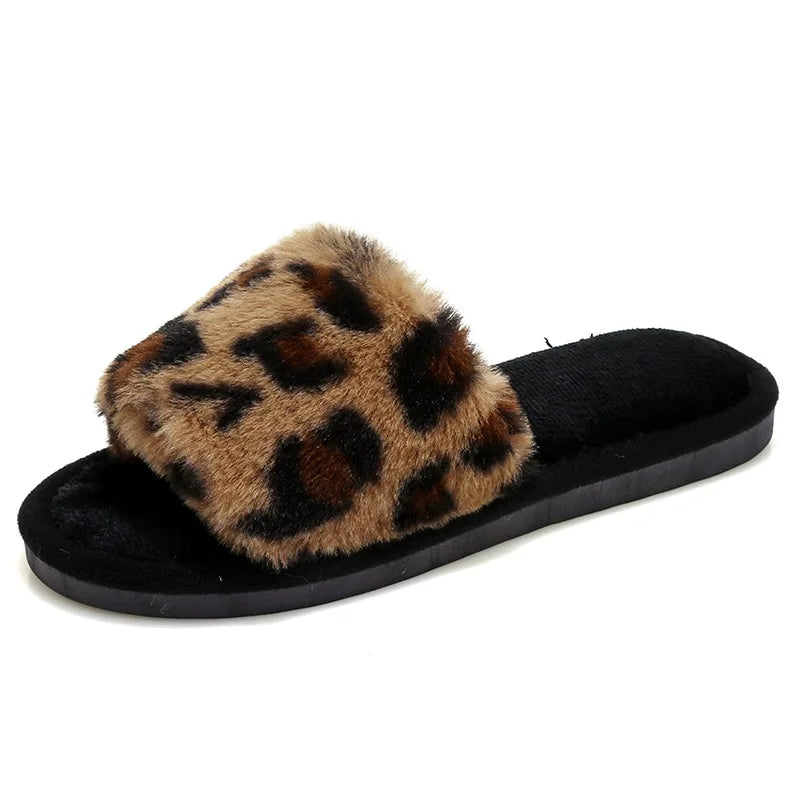 Hot Sale Leopard Living Room Shoes Women's Fur Flip Flops Home Plush Slippers Fashion Autumn Winter Indoor Warm EVA Anti Slip