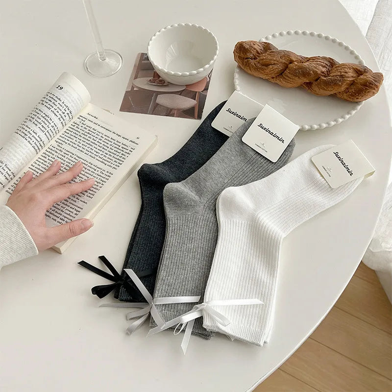 Japanese JK Sweet Bowknot Tied Middle Tube Socks Women Heel Bow Socks Casual Black White Pile Socks Girls Sports Cotton Socks