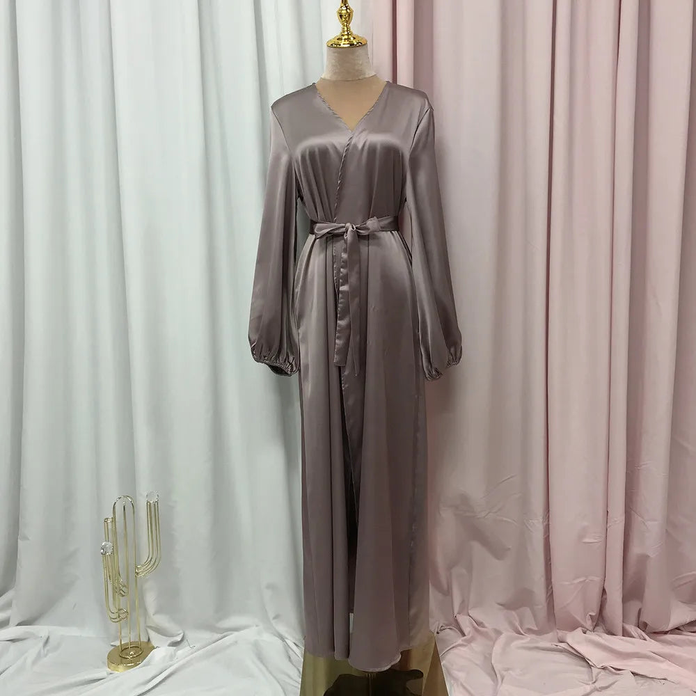 Ramadan Eid Fashion Silky Satin Muslim Abayas Robe Musulmane Abaya Cardigan Muslim Arab Worship Service Clothing Wy836