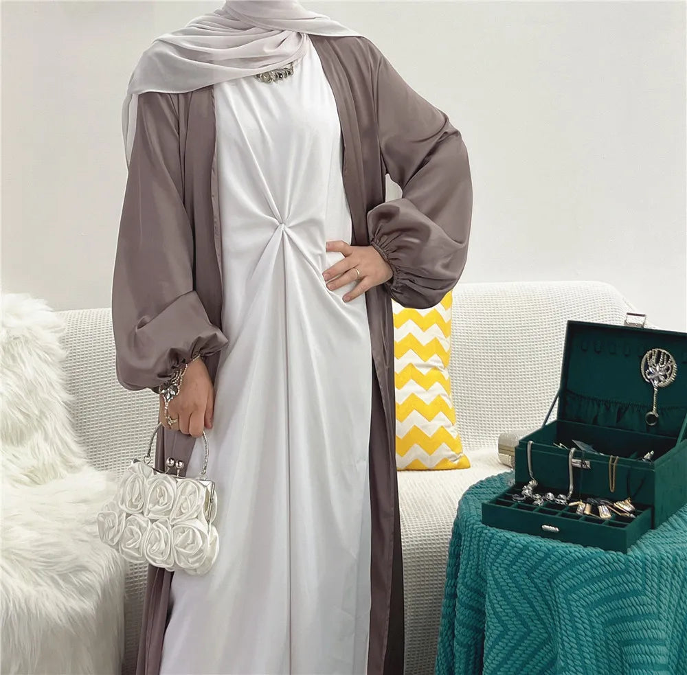Ramadan Eid Fashion Silky Satin Muslim Abayas Robe Musulmane Abaya Cardigan Muslim Arab Worship Service Clothing Wy836