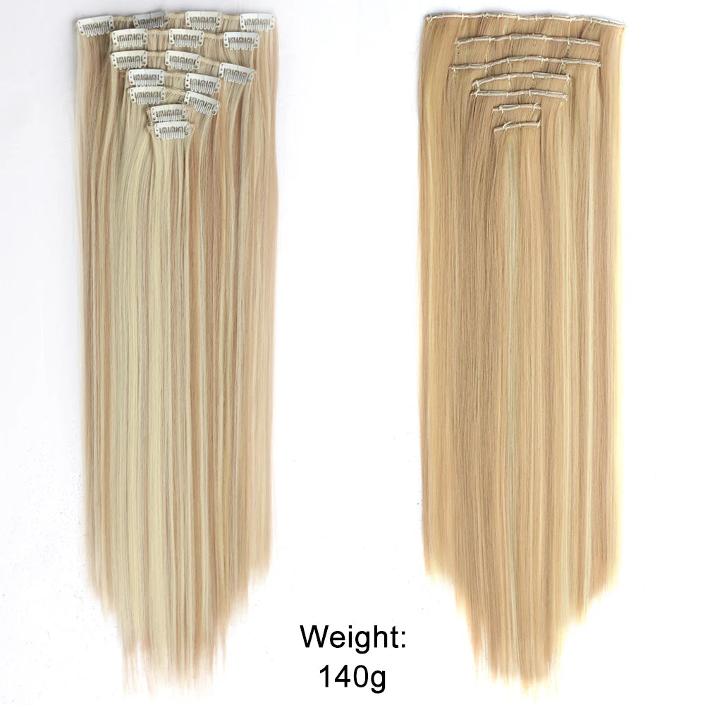 Long Straight Hairstyle 16 Clips 7Pcs/Set Hair Extensions Natural Synthetic Blonde Black Hairpieces Heat Resistant For Women