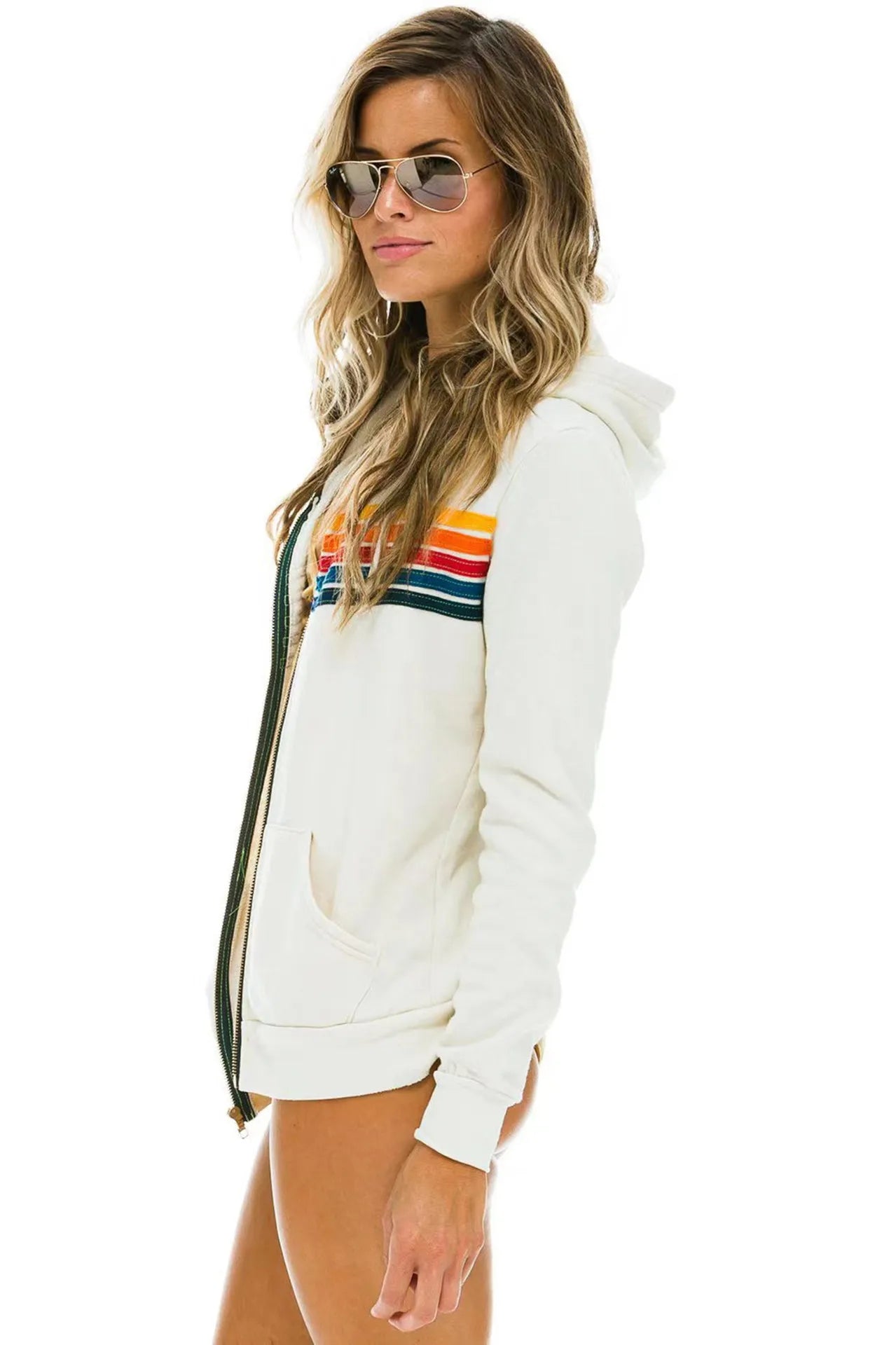 Donsignet Women Hoodies Coat 2021 New Casual Rainbow Hooded Sweatshirts Fashion Zip-up Striped Cardigan Men Hoodies