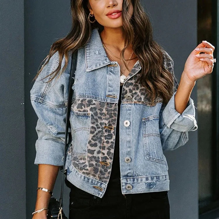 Leopard Stitching Denim Jacket Women Coat Fashion Female Outerwears Long Sleeve Lapel Button Down Chest Pocket Female Tops