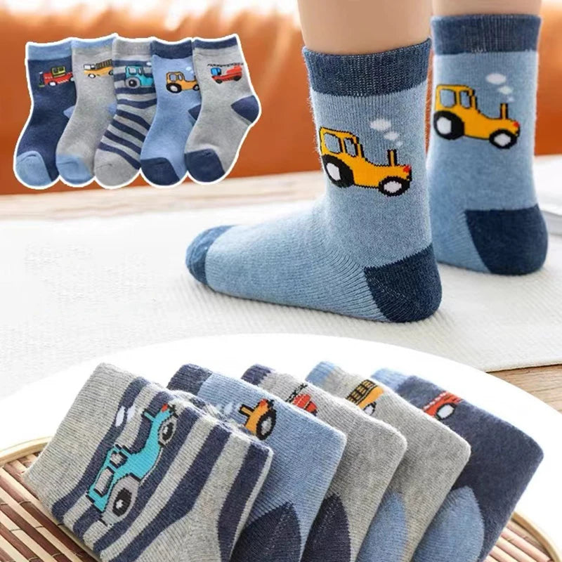 5Pairs 1-16Years Terry Socks for Children cartoon children's fashion wholesale to resell socks little car Delicate and soft