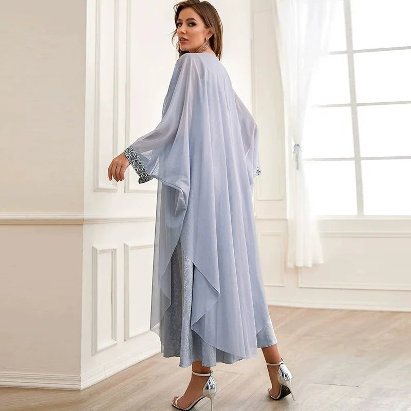 Elegant Embroidery Muslim Dress Ramadan Gurban Dubai Arab Two Piece Set Middle East Turkey Slash-Neck Fashion Abaya Clothing