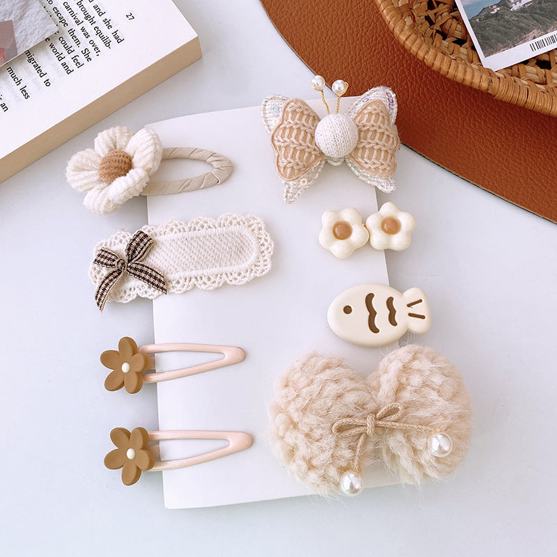 8pcs/set Sweet Girl Hair Clip Cartoon Bear Floral Bowknot Hair Pin for Toddler Girl Lovely Beige Coffee Color Kids Girl Headwear