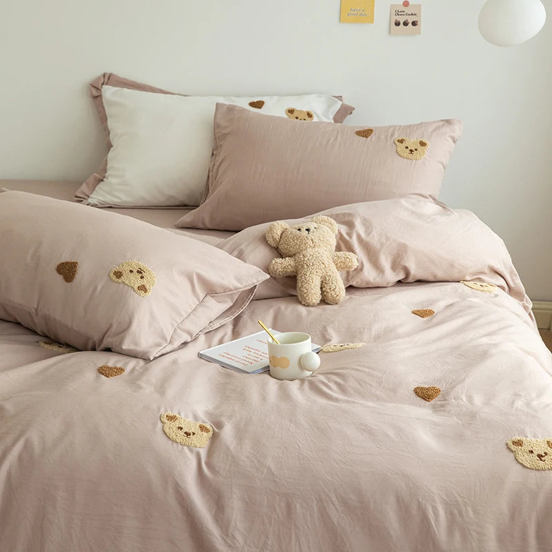 3PCS Baby Boys Bedding Set Bear Embroidered Cot Crib Bedding Set Cotton Korean Baby Bedding Duvet Cover+ Sheet+Pillowcase