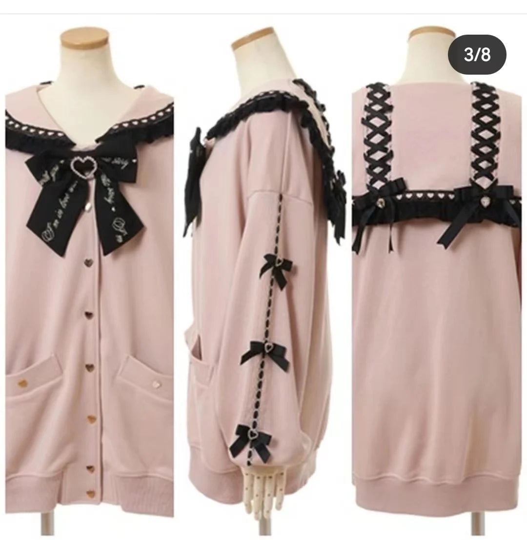 Japanese Mine Mass-Produced Sailor Collar Ribbon Bow Sweet Hoodies Women Autumn Preppy Style Y2K Cute Oversized Midi Sweatshirt
