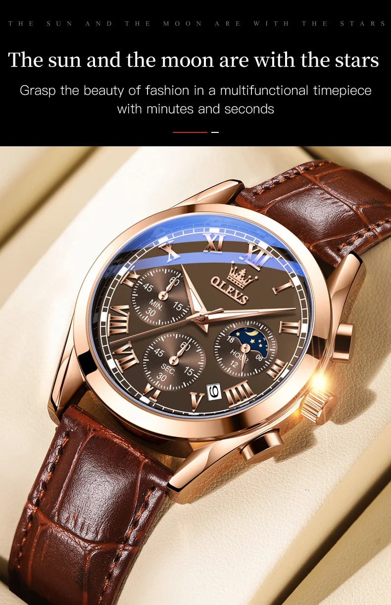 OLEVS Brand Men's Watches Chronograph Waterproof Calendar Quartz Male Watch Sports Leather strap Stainless steel Luxury Original