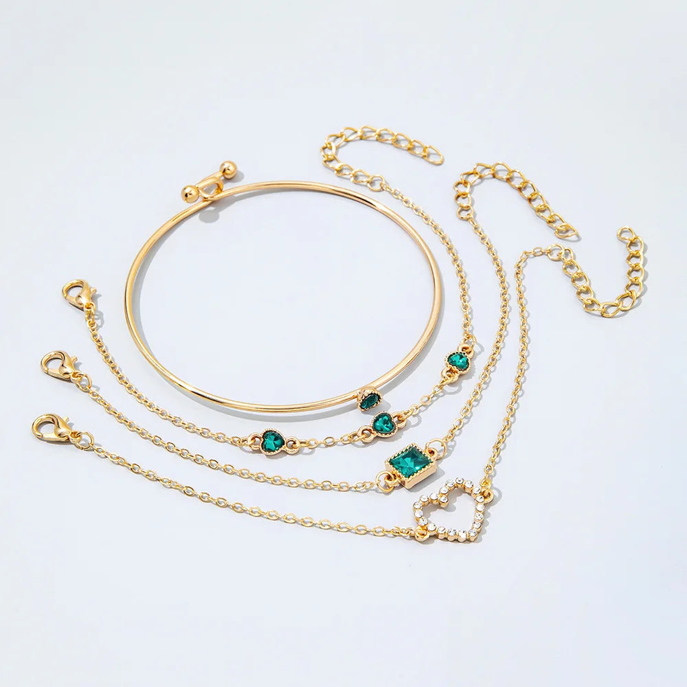 4Pcs Set Fashion Square Emerald Heart Bracelets for Women Charm Zircon Gold Color Bangles Wedding Bride Jewelry Accessories Gift