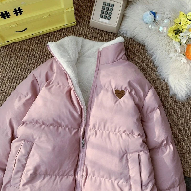 JMPRS Cute Embroidery Women Parkas Coat Winter Thick Hairy Korean Loose Warm Jacket Double Sided Design Pink Student Clothes
