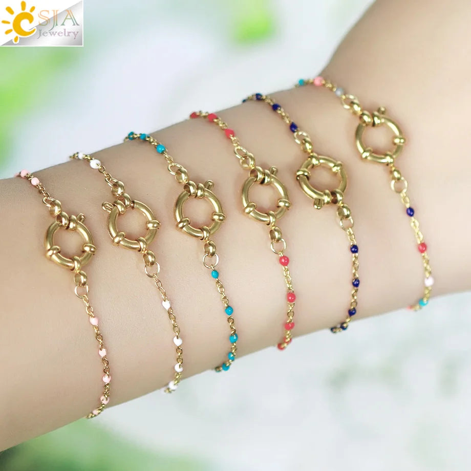 CSJA Fashion Thin Chain Stainless Steel Bracelet for Women Gold Color Cross Charm Enamel Bracelets Summer Jewelry Gift T100
