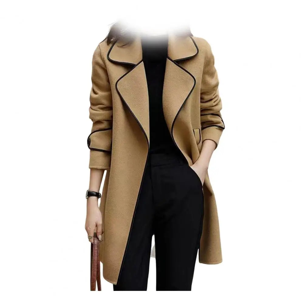 Stylish Women Outerwear Elegant Long Sleeves Autumn Winter Slim Fit Open Stitch Woolen Coat Ladies Jacket Streetwear