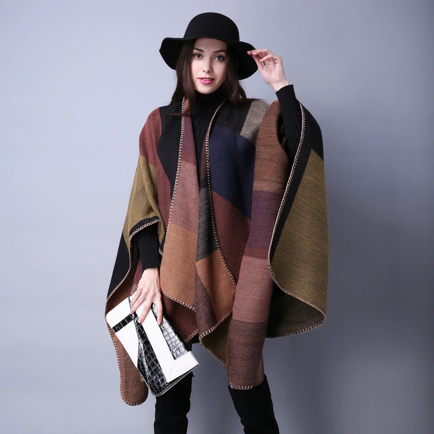 Thicken Winter Shawl Wraps Cape Women Fall Ponchos Plus Size Block Plaid Open Front Sweater Fleece Scarf Coat Holiday Outfits