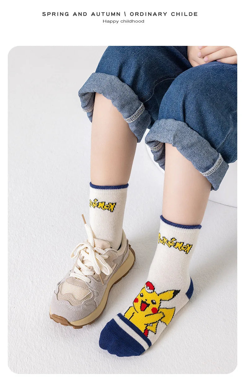 5 Pairs Pikachu Kids Socks Kawaii New Fall Winter Cartoon Boy Children Mid-calf Socks Cotton Sock for Boys Gifts