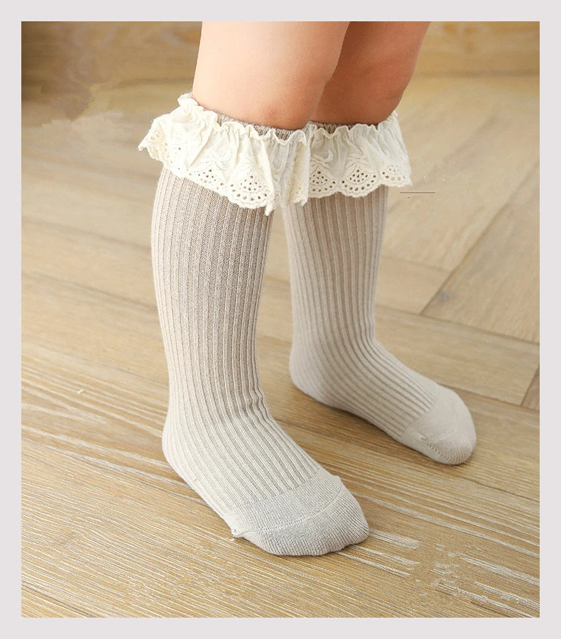 Baby Girls Knee High Socks Long Kids Soft Cotton Lace Stuff Princess Children Sock Ruffle Leg Warmers Cute Girl Socks For 0-8 Y