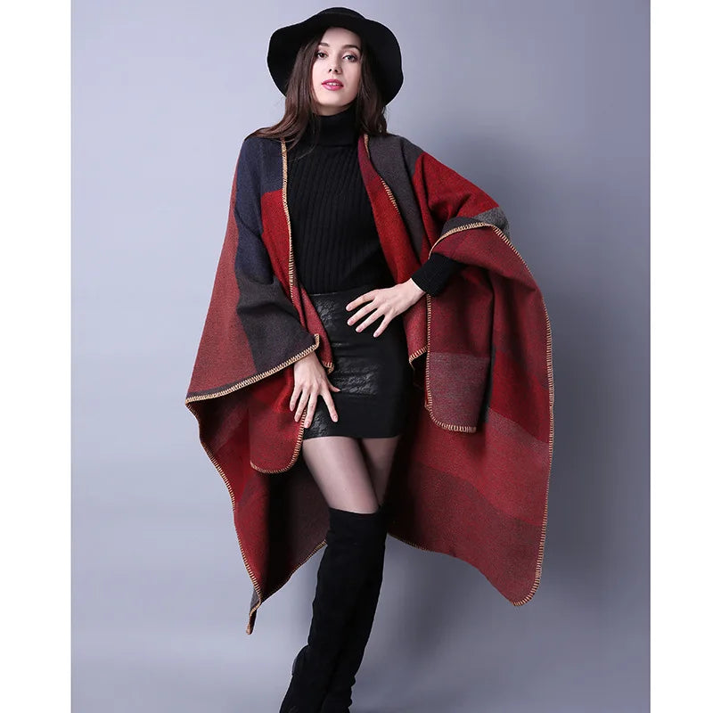 Thicken Winter Shawl Wraps Cape Women Fall Ponchos Plus Size Block Plaid Open Front Sweater Fleece Scarf Coat Holiday Outfits