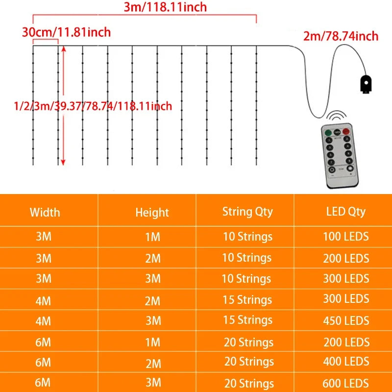 LED Garland Curtain Lights 8 Modes USB Remote Control Fairy Lights String Wedding Christmas Decor for Home Bedroom New Year Lamp