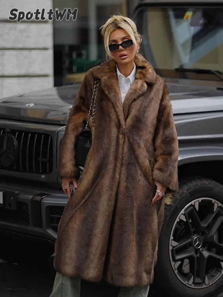 Women's Dark Brown Faux Fur Long Overcoat Single Breasted Fleece Long Trench Coat Winter Fluffy Plush Warm New Thicken Outerwear