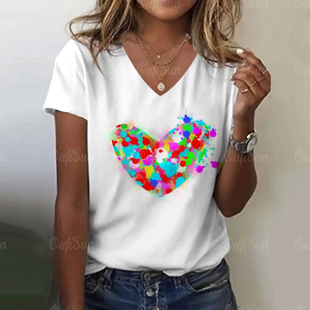 Fashion Women's T Shirt Love Print V-neck Female Short Sleeve Harajuku Tops Ladies T-shirts Oversized Tee Shirt Women Clothing
