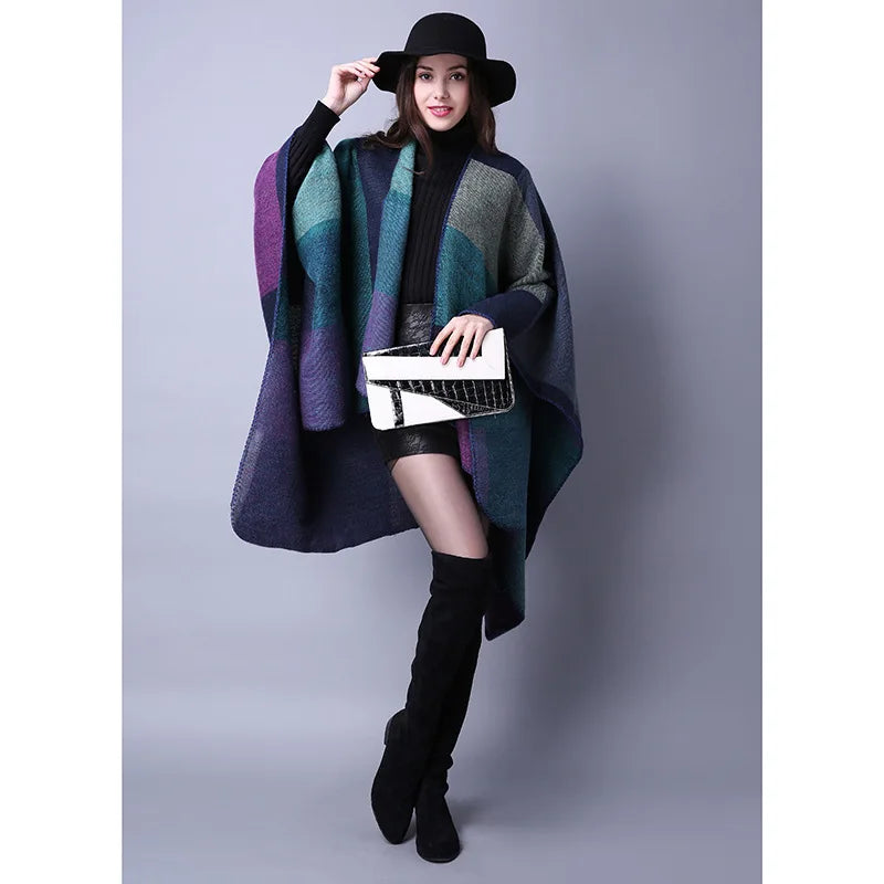 Thicken Winter Shawl Wraps Cape Women Fall Ponchos Plus Size Block Plaid Open Front Sweater Fleece Scarf Coat Holiday Outfits