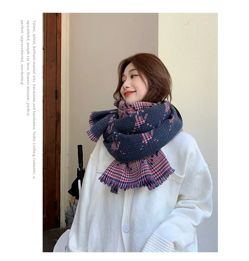 Fashion Brand Cashmere Scarf Women Winter Autumn Houndstooth Plaid Long Pashmina Cold Day Double-sided Tassel Thick Shawl Ladies